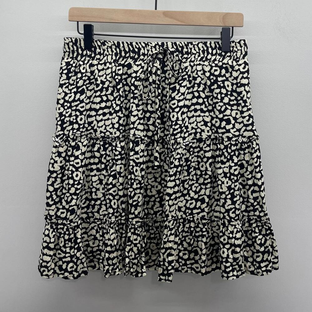 She + Sky Ruffle Tiered Mini Skirt Womens Large Black Cream Leopard Flowy